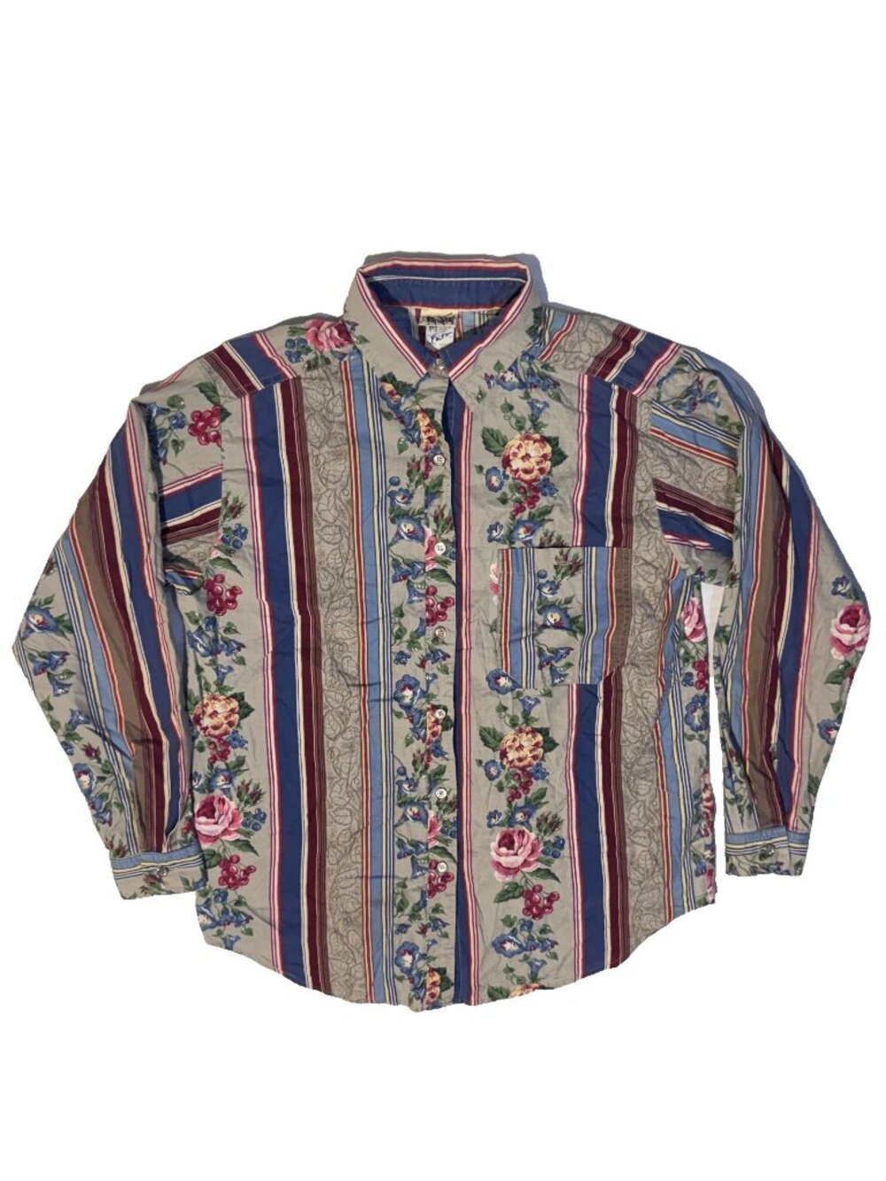 Vivaldi Jeanswear Vintage Floral Striped Button Up Top - M Grapes Blueberries
